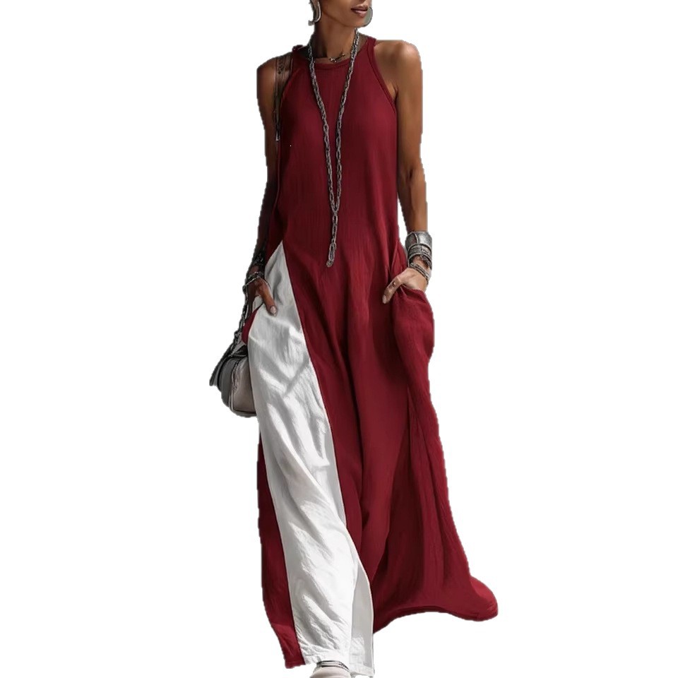 Women's Sleeveless Loose Pocket Colorblock Off-Shoulder Casual Dress
