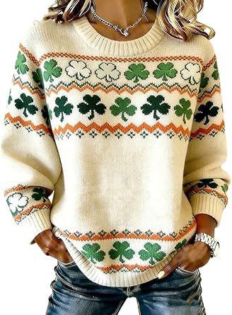 Women's Clover Print Crewneck Sweatshirt Casual Pullover