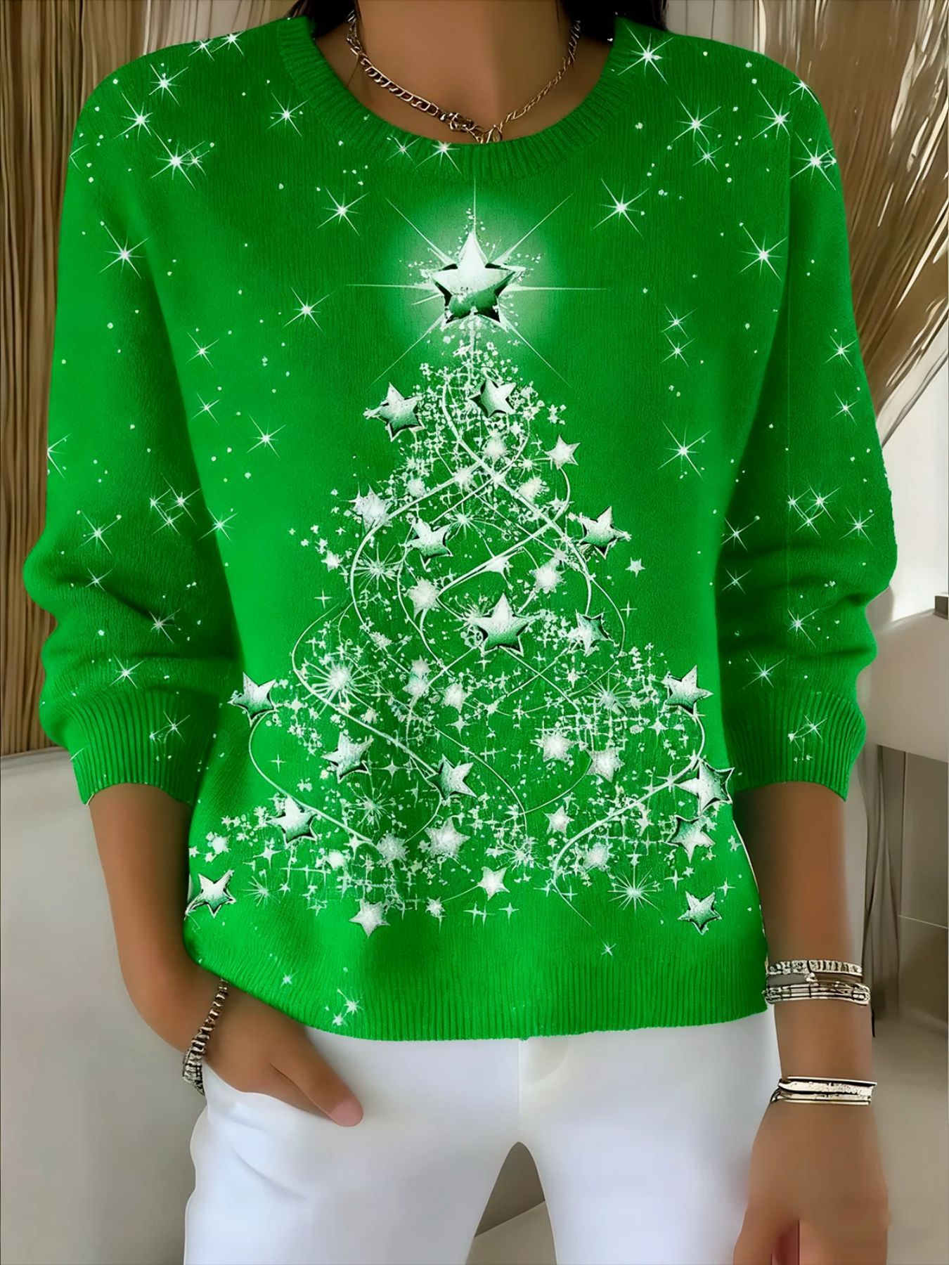 Christmas Star Tree Print Crewneck Long Sleeve Pullover Sweatshirt
