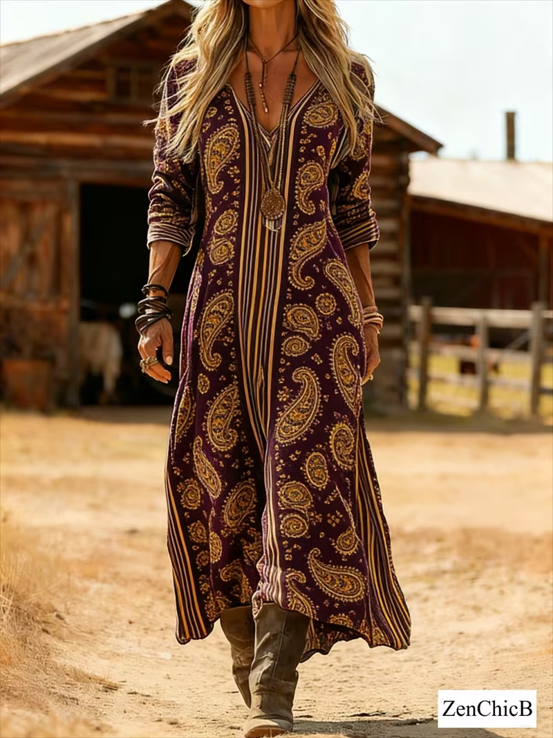 Women's Vintage Tribal Print Pleated Midi Dress