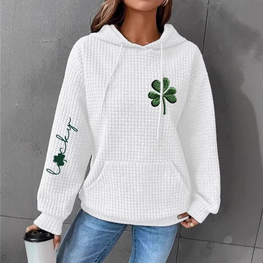 Four-Leaf Clover Waffle Print Women's Casual Hoodie