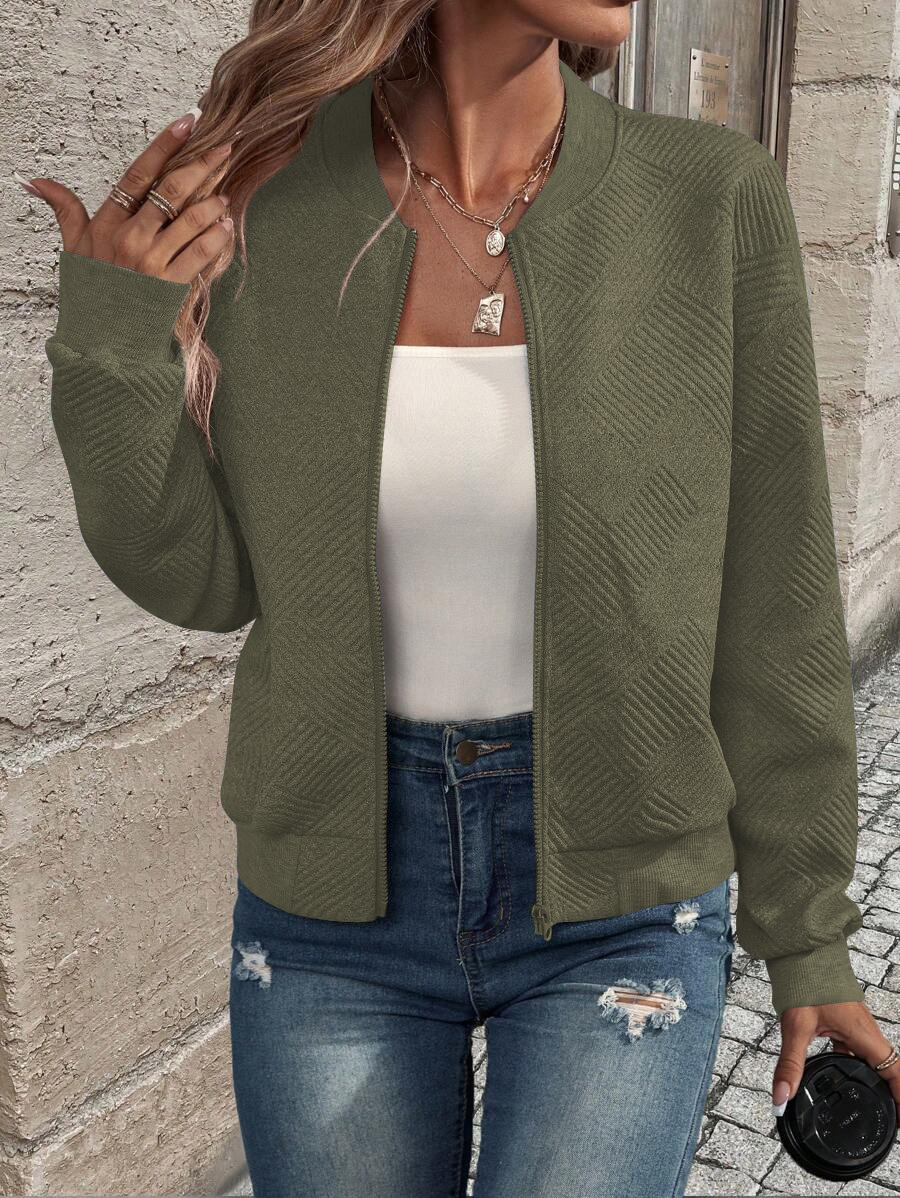 Women's Solid Zip-Up Bomber Jacket Crew Neck Windproof Casual