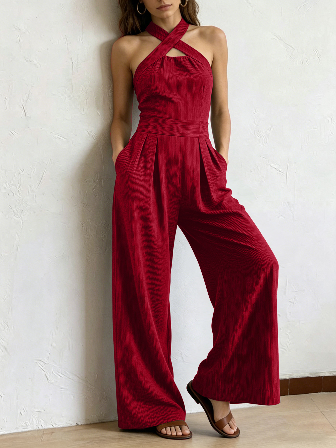 Elegant Off-Shoulder Sleeveless Cross Halter Jumpsuit with Waist and Wide Legs