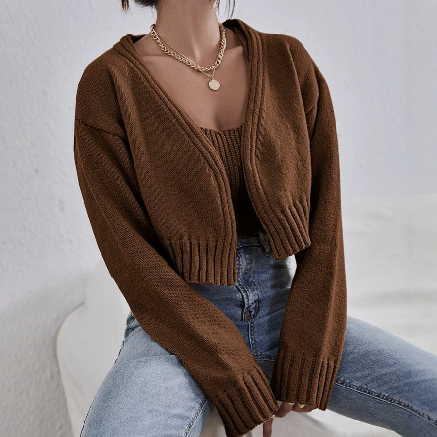 Cropped Acrylic Sweater Set with Cami and Cardigan