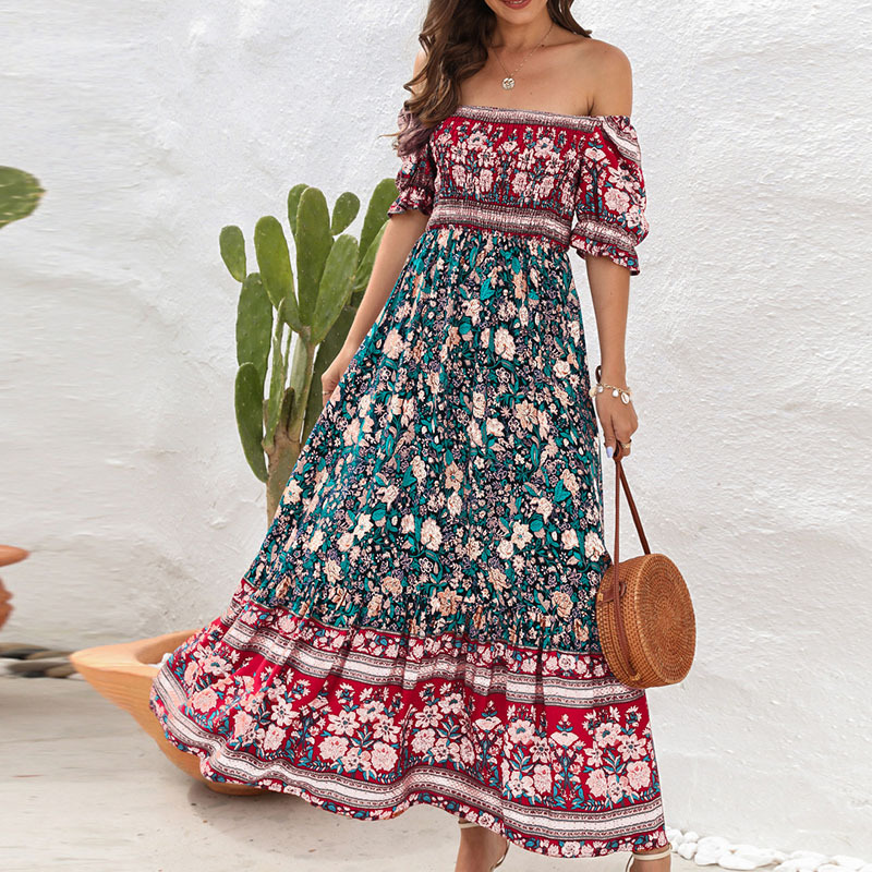 Boho Off-Shoulder Puff Sleeve Maxi Dress