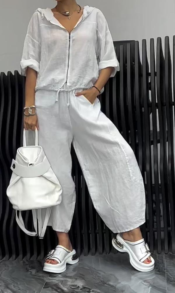 Women's Zip-Up Hooded Cotton-Linen Long Sleeve Top and Pants Set
