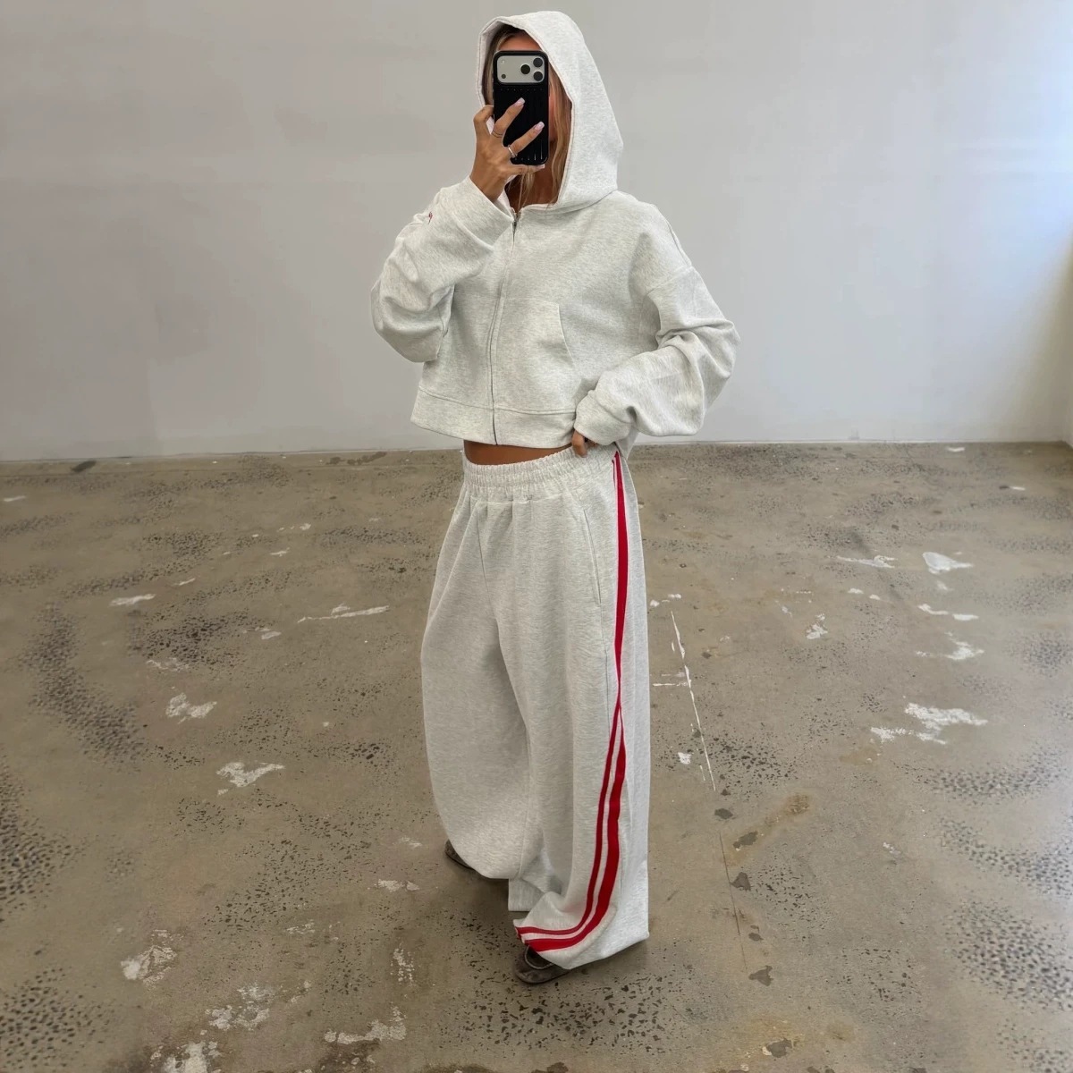 American Retro Striped Two-Piece Set: Cropped Zip Hoodie & Wide-Leg Pants