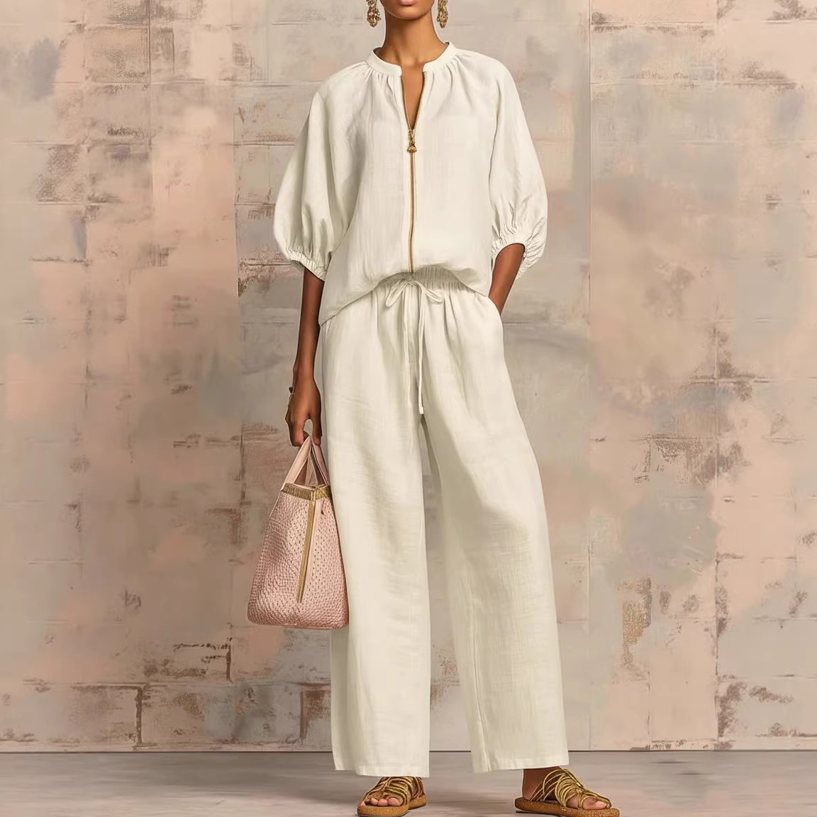 Women's Zip Shirt & Wide-Leg Pants Two-Piece Set