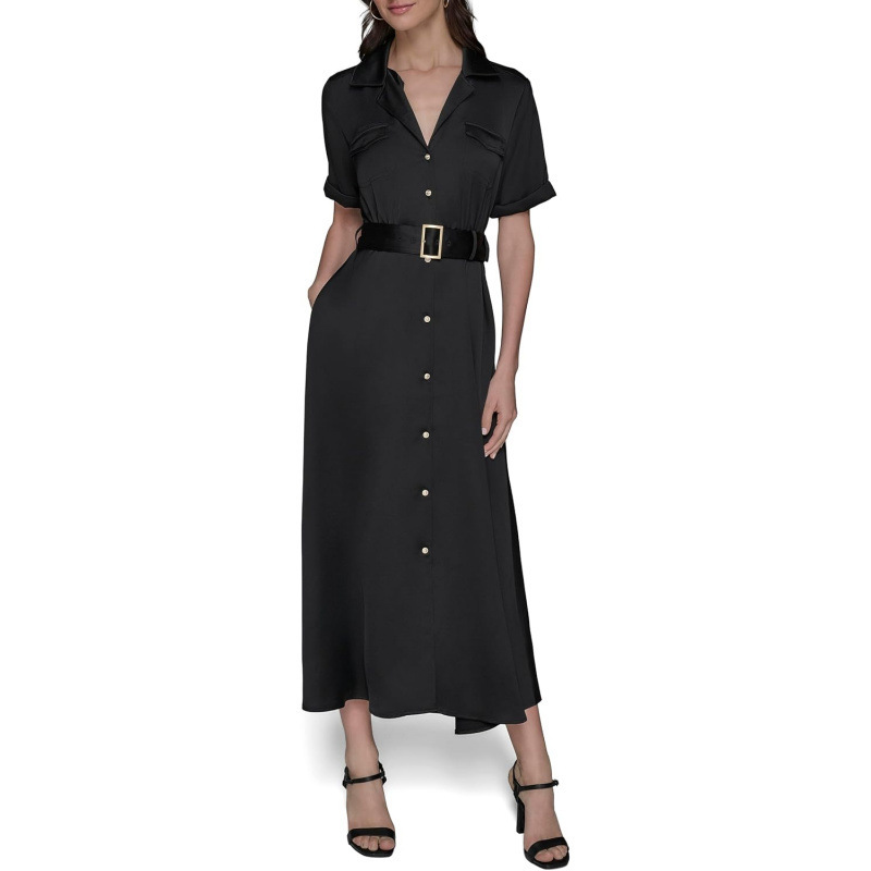 Polo Collar Short Sleeve Button Front Midi Dress