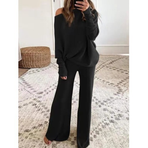 Women's Solid Color Batwing Sleeve Two-Piece Pant Set Casual Fall