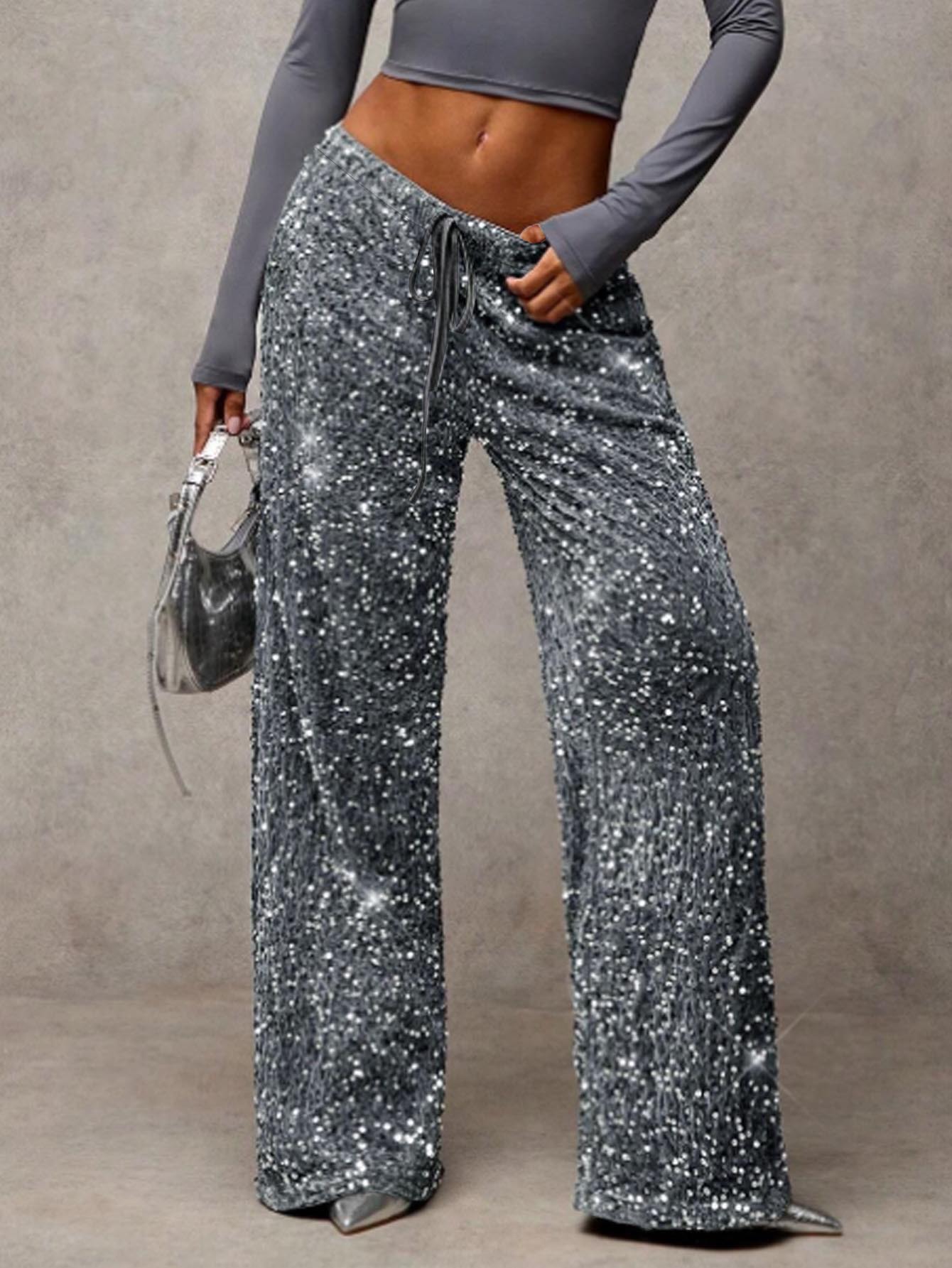 Sequin Drawstring Straight Leg Stretch Pants