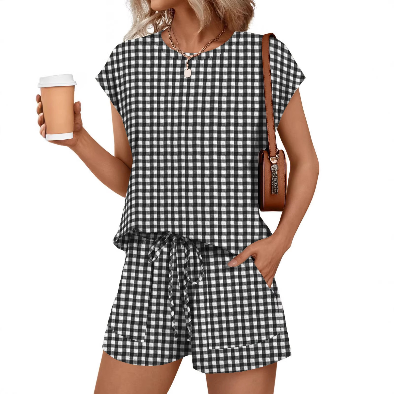 Plaid Sleeveless T-Shirt & Drawstring Shorts Set