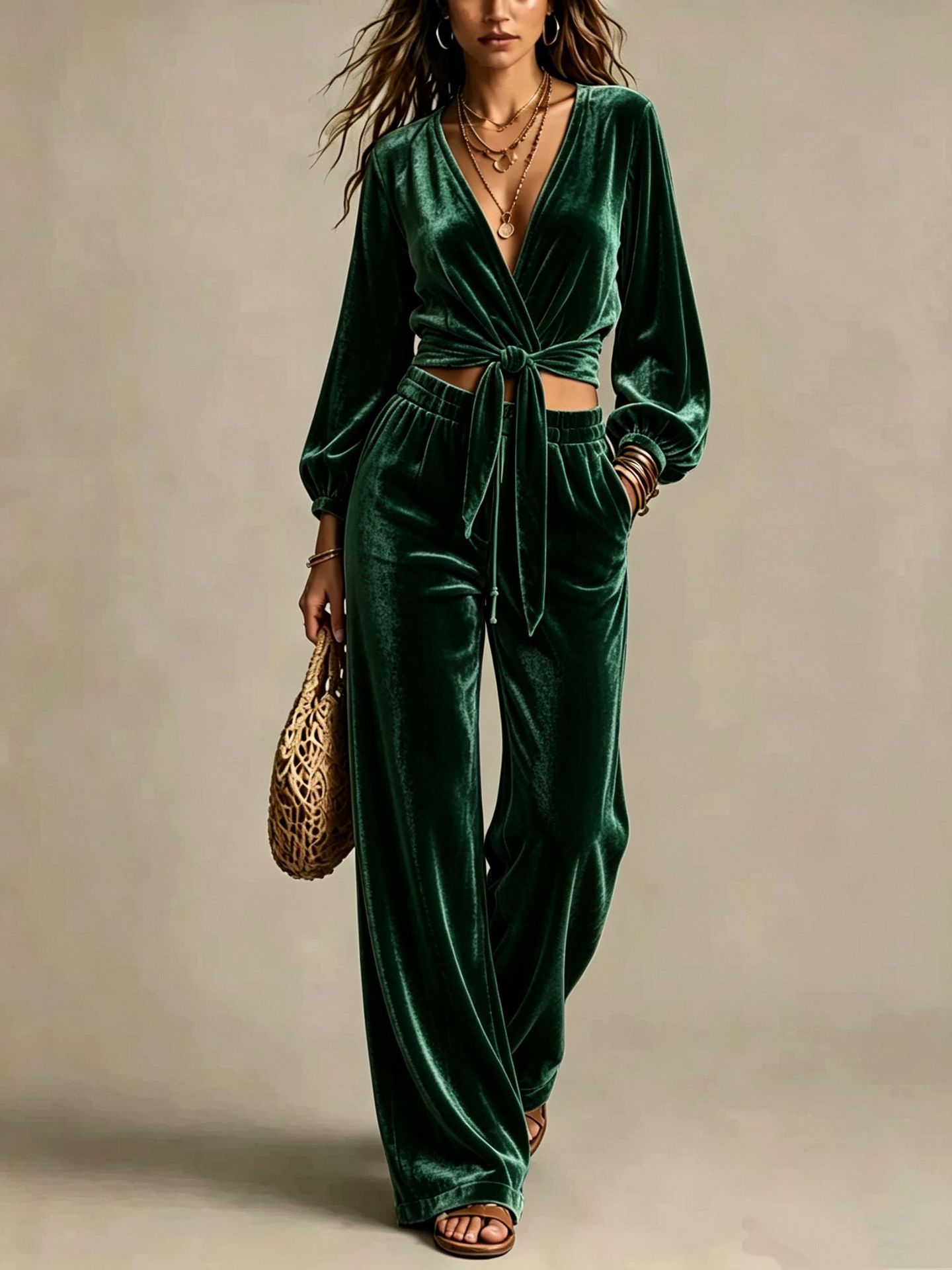 Corduroy V-Neck Cinched Waist Two-Piece Pants Set
