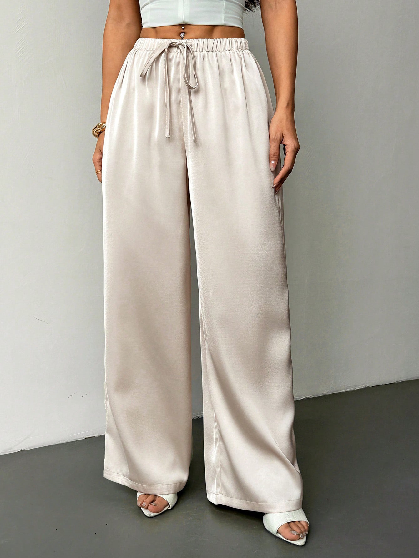 Satin High-Waist Wide-Leg Pants for Women, Loose Casual Drape