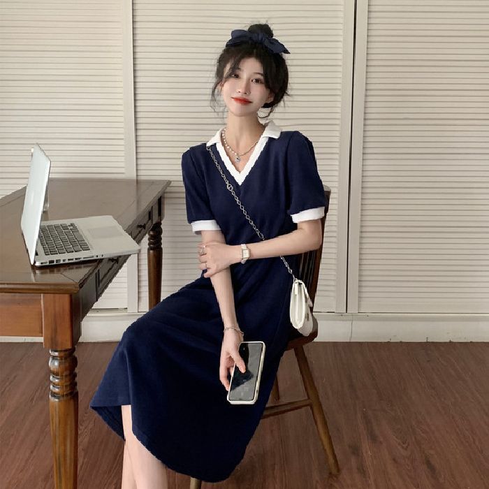 V-Neck Short Sleeve A-Line Dress Slimming Fit