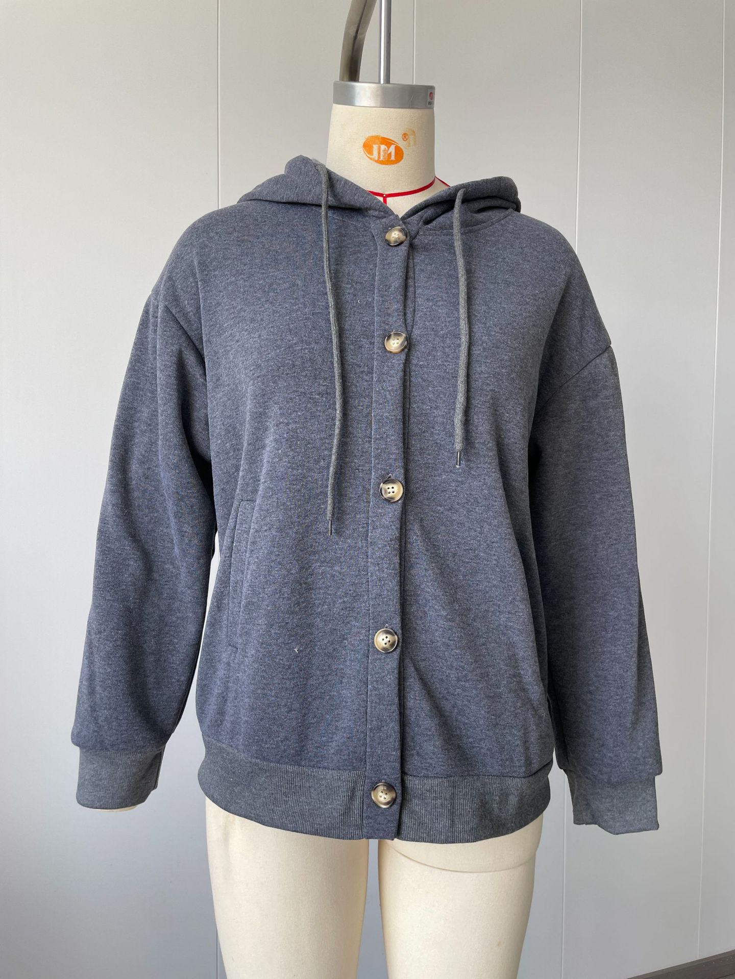 Women's Solid Color Button Hooded Jacket Casual
