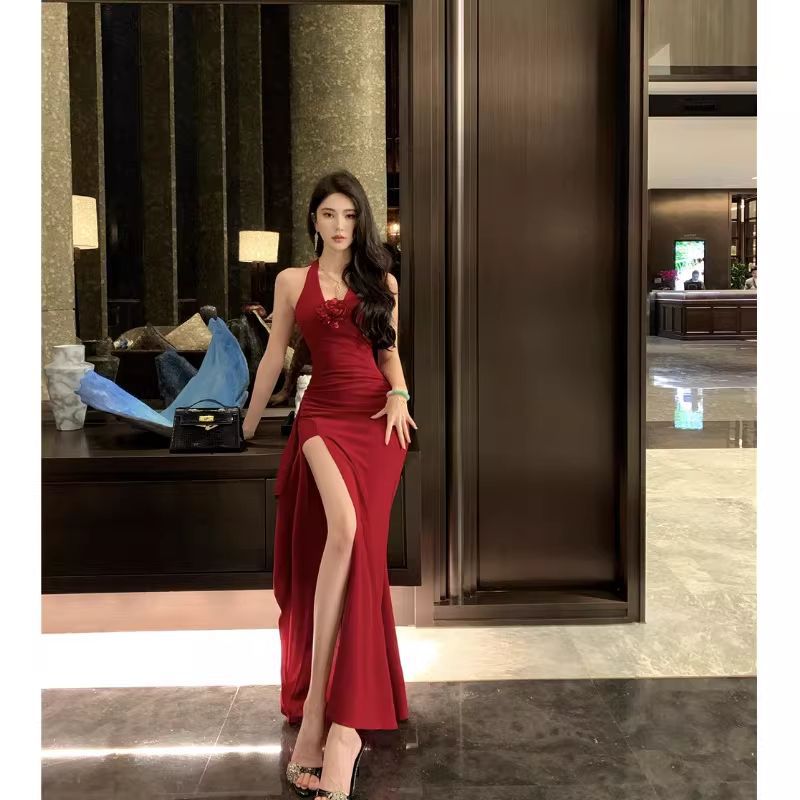 Removable Padded Rose Halter Open-Back Dress with Slit