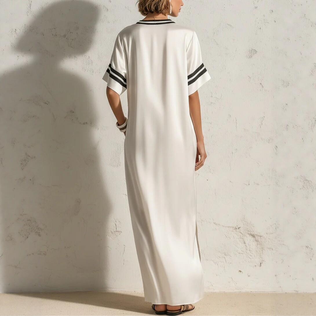 Satin Striped Deep V-Neck Short Sleeve Long Dress with Side Slit