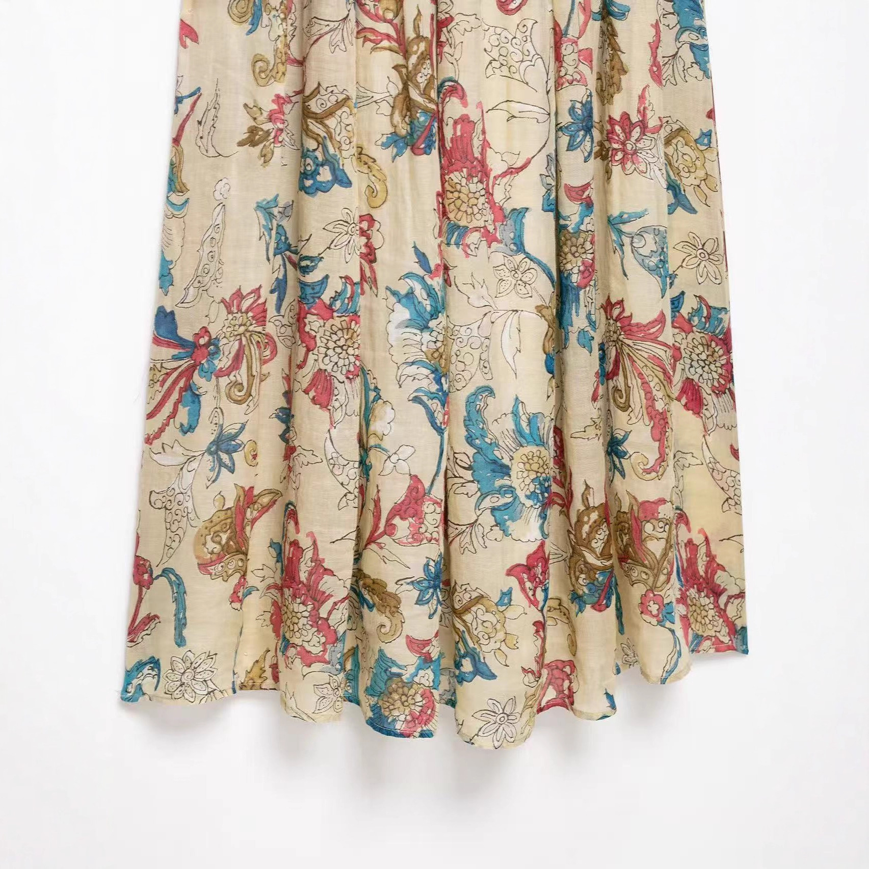 Women's Ramie Print Midi Dress with Lapel Collar