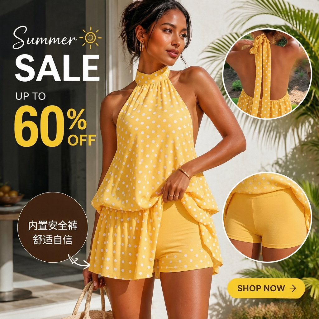 Women's Halter Open-Back Tie Chiffon A-Line Mini Dress with Built-in Shorts