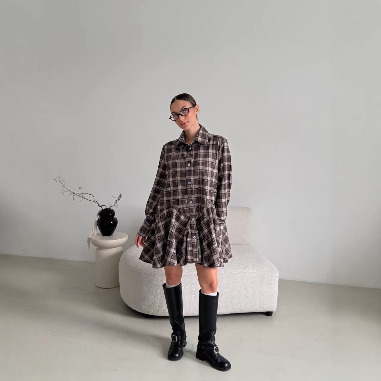 Retro Plaid Collared Slimming Shirt Dress with Puff Skirt