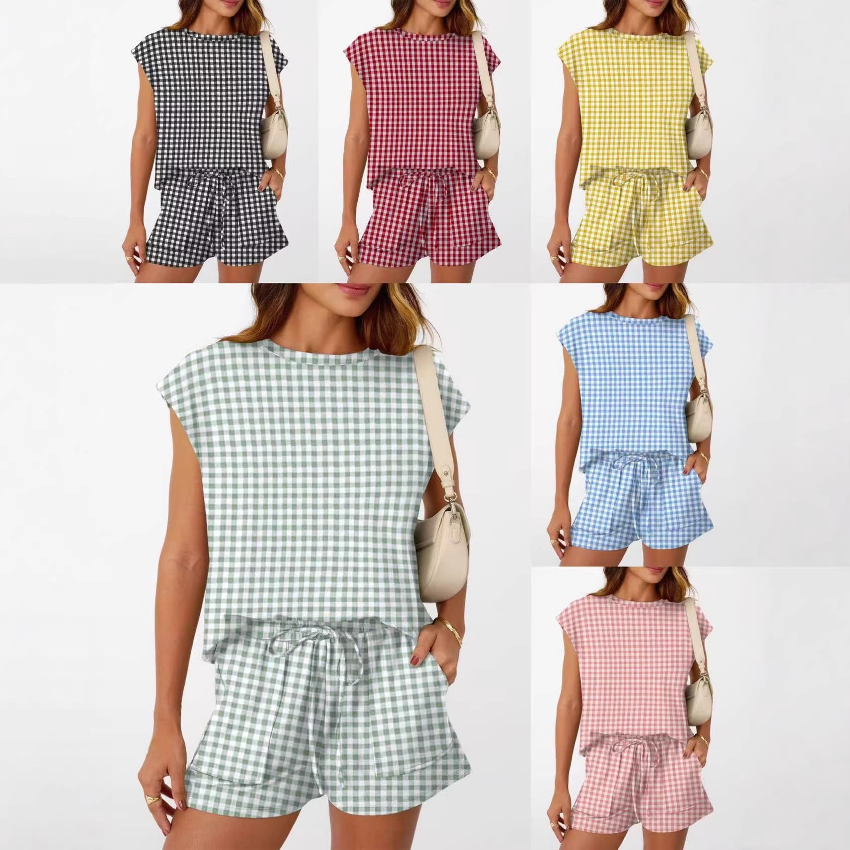 Plaid Sleeveless T-Shirt & Drawstring Shorts Set