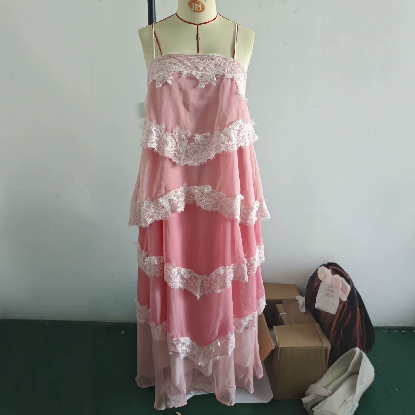 Pink Lace Open-Back Cami Dress Tiered Ruffle Long Vacation Dress