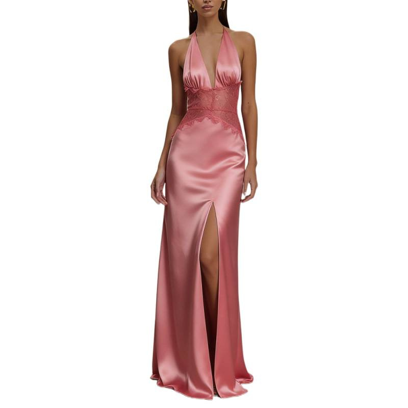 Women's Deep V Lace Sheer Backless Maxi Dress
