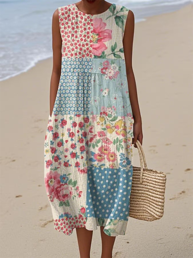 Women's Vintage Floral Sleeveless Midi Dress