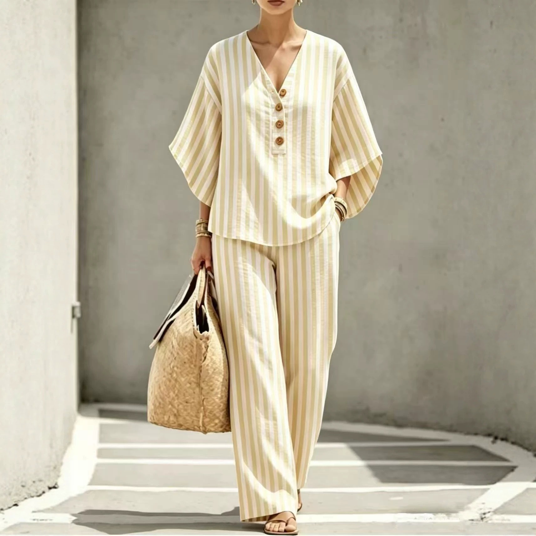 Women's Striped Linen-Blend Shirt & Wide-Leg Pants Set