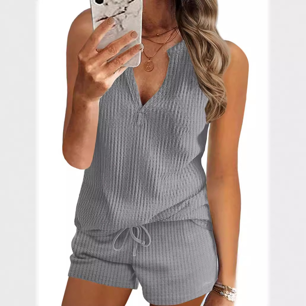 Women's V-Neck Tank Top and Shorts Set Waffle Knit Loose Casual Sportswear