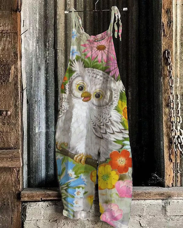 Women's Printed Cotton-Linen Cami Jumpsuit Sleeveless Wide-Leg Beach Romper