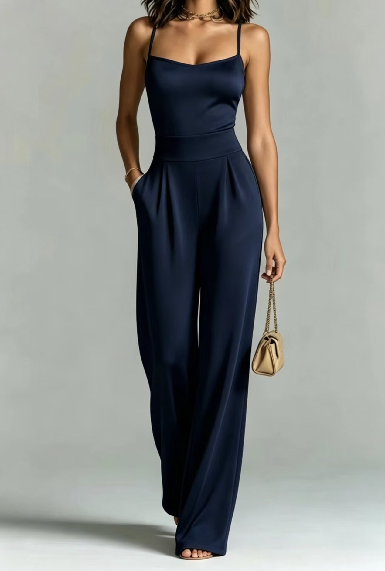Women's Sleeveless Knit Jumpsuit with Pockets, Square Neck, Wide Leg, Cinched Waist