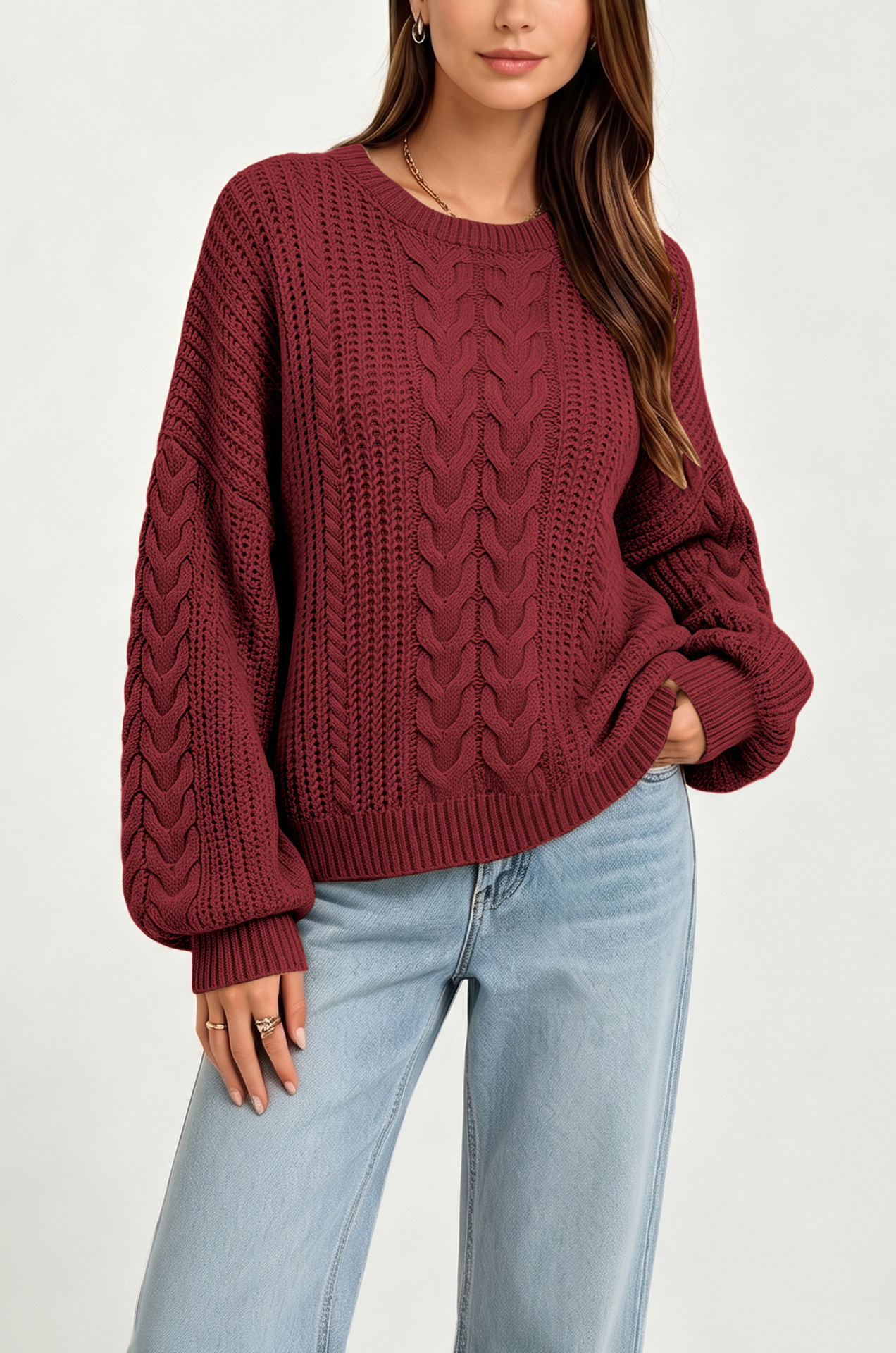 Women's Cable-Knit Crewneck Pullover Sweater Solid Color Loose Fit Long Sleeve