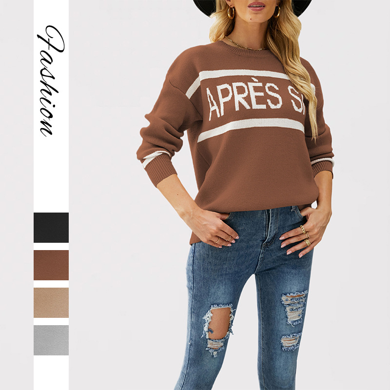 Letter Jacquard Crewneck Pullover Sweater