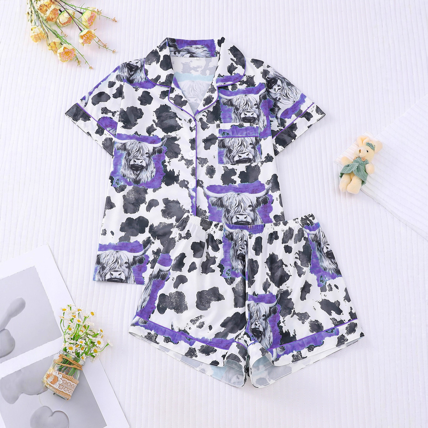 Women's Cuban Collar Polka Dot Short Sleeve Shirt Set Casual Summer