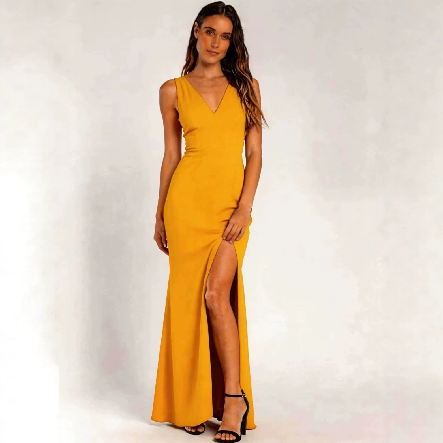 V-Neck High Slit Bodycon Evening Dress