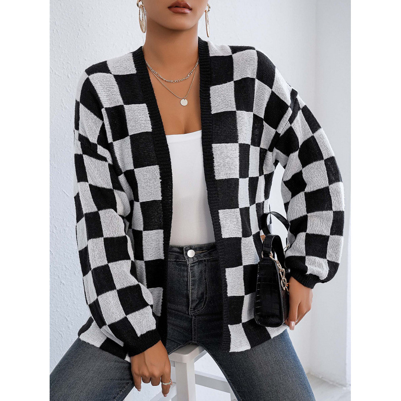 Checkered Open-Front Cardigan Sweater Coat