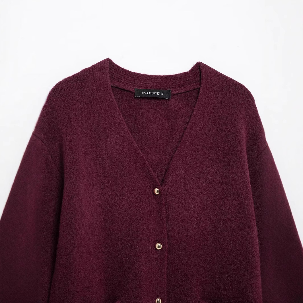 Women's Wine Red Knit Cardigan Sweater Coat
