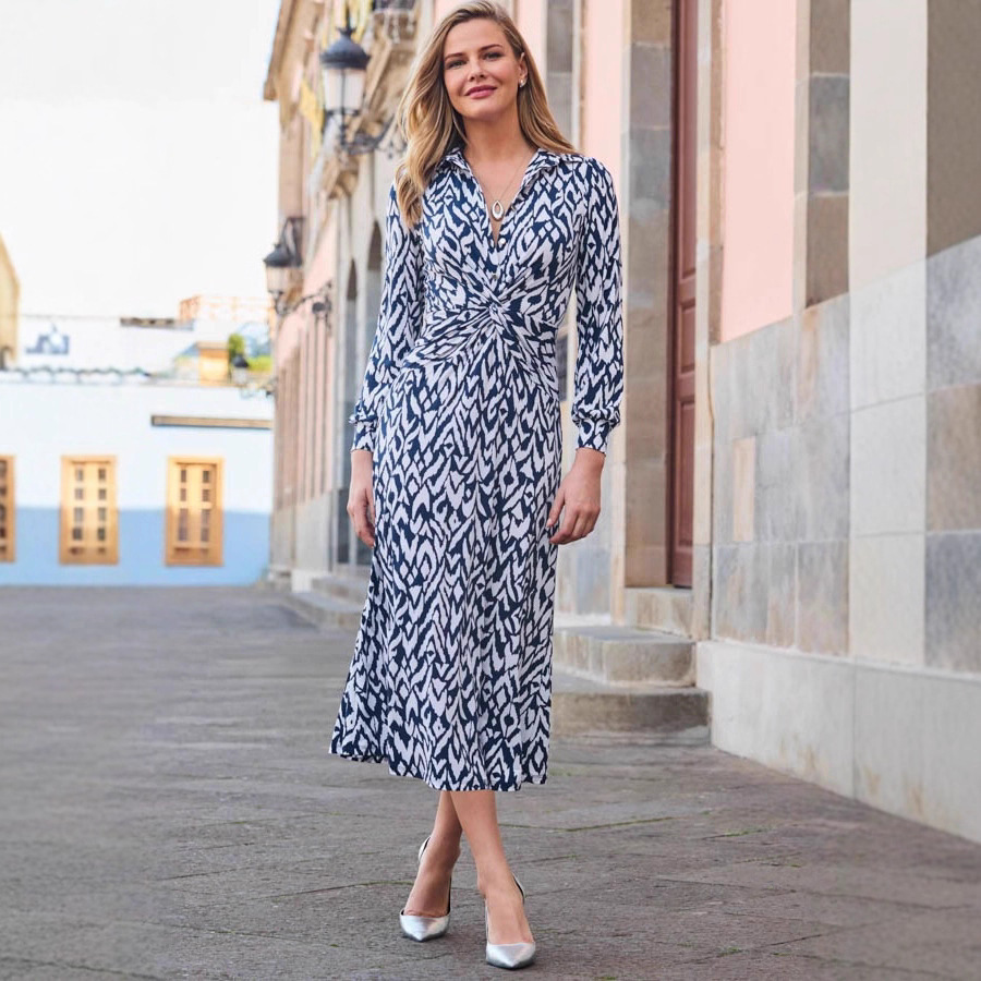 Women's Floral Print Button Twist Knot Slim Fit Long Sleeve Midi Dress