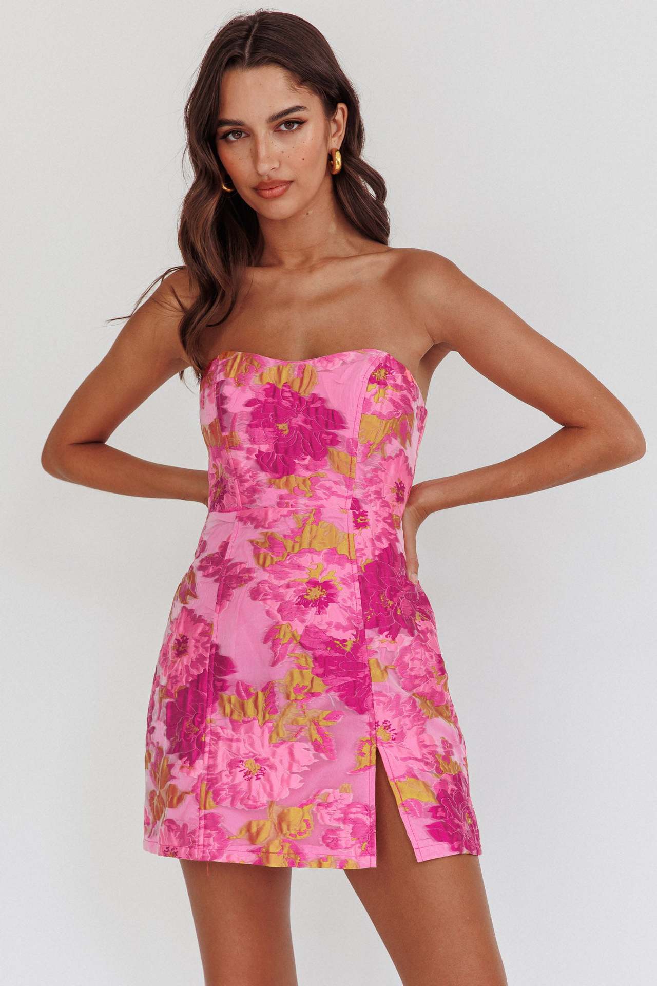 Women's Strapless Backless Floral Slit Bodycon Midi Dress