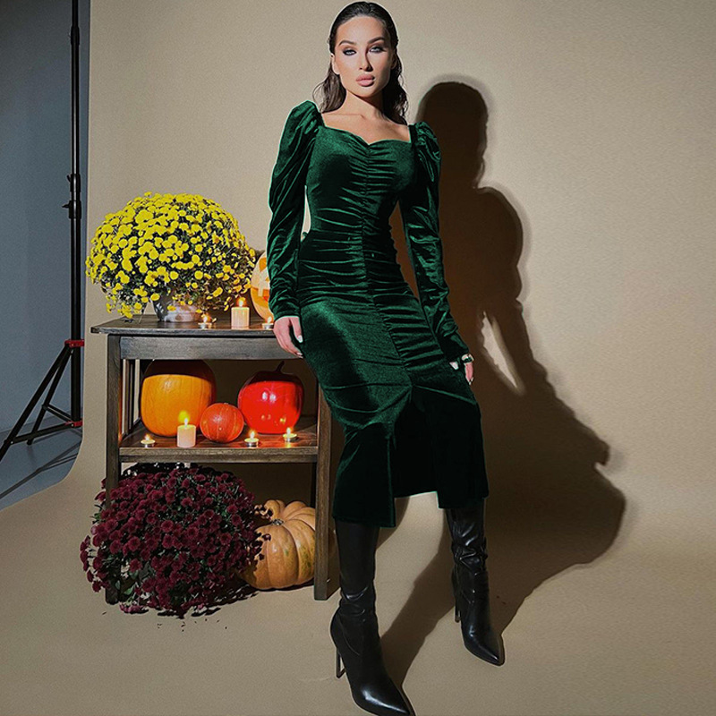 Women's Pleated Slim Fit Long Sleeve Split Midi Dress