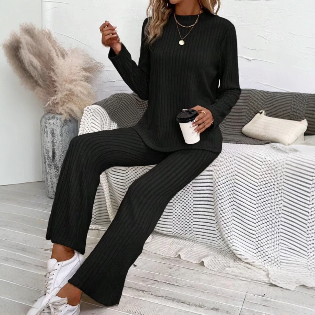 Women's Solid Color Crew Neck Long Sleeve Top and Pants Set