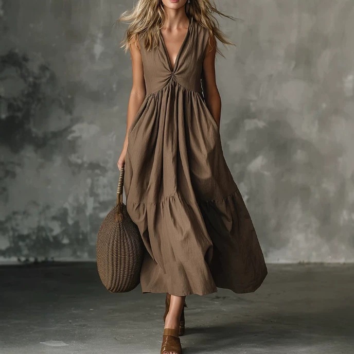 Solid Sleeveless V-Neck A-Line Maxi Dress
