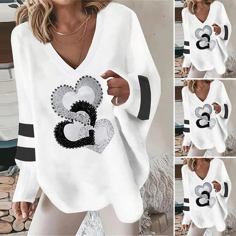V-Neck Loose Geometric Heart Long-Sleeve Sweatshirt for Women