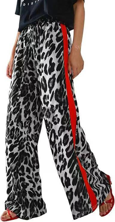 Leopard Print Patchwork Wide-Leg Casual Pants