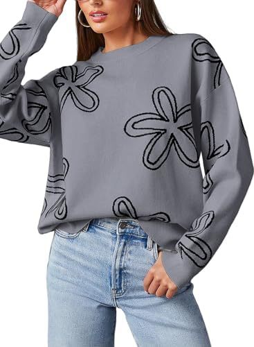 Women's Floral Print Chunky Knit Crewneck Long Sleeve Pullover Sweater