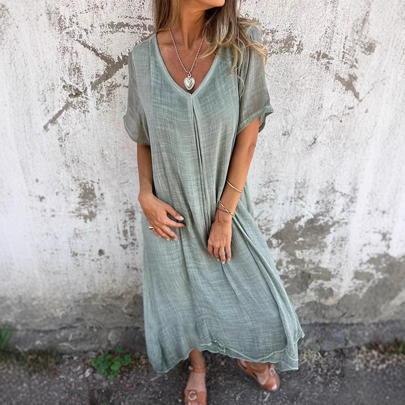 Cotton-Linen V-Neck Semi-Formal Dress
