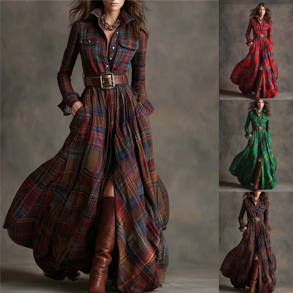 French Vintage Plaid Irregular Shirt Dress with Belt