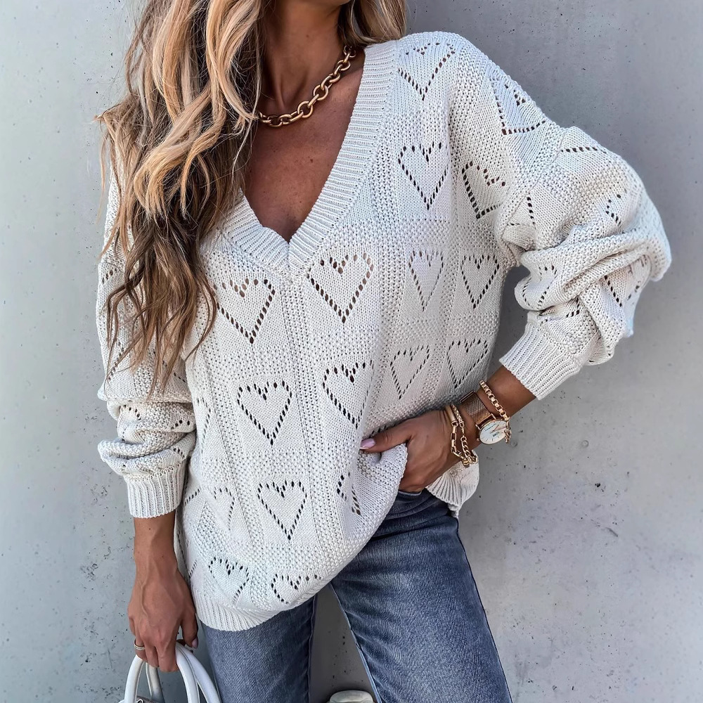 V-Neck Heart Cutout Long-Sleeve Sweater